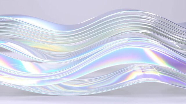 Iridescent wave ribbons layered across a pale abstract background with flowing curves
