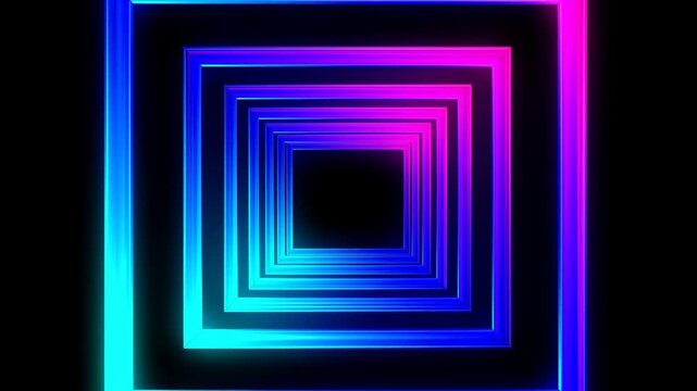 Neon nested square frames expand outward in black space with cyan, blue, and magenta glow