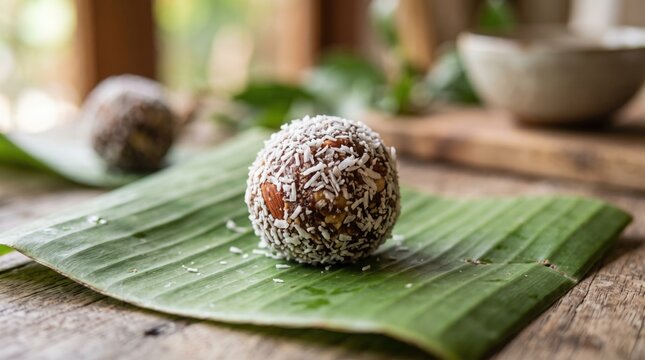 A delicious raw energy ball coated in shredded coconut rests on a fresh green banana leaf surface.