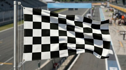 Fototapeta premium Waving checkered flag signals the end of a thrilling motorsport race