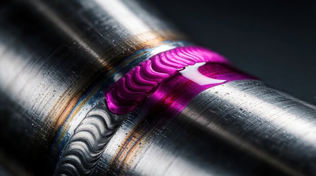 Close-up of stainless steel pipe weld with magenta liquid penetrant revealing surface flaws. Non destructive testing ensures weld integrity for industrial use and safety.