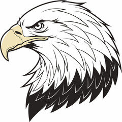 Fototapeta premium A detailed black and white line profile portrait of a bald eagle head with a yellow beak, isolated bird