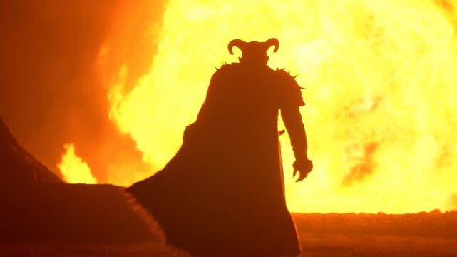 Horned armored silhouette standing before blazing fire with cape extended in dark setting
