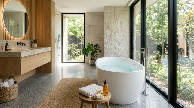Modern bathroom with freestanding tub and natural light from large windows