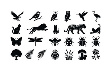 Naklejka premium Collection of diverse animal and nature silhouettes in black and white