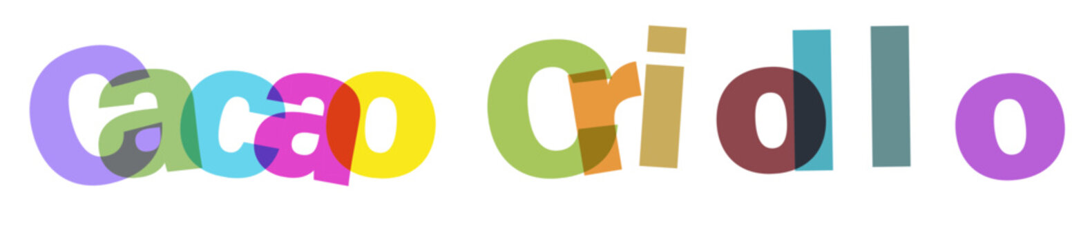Colorful text caco criollo formed with overlapping letters in a playful and abstract style on a transparent grid background, representing vibrant graphic design elements.