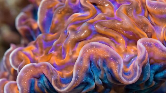 Slow motion tracking shot of coral like reef organism folding and undulating in close up underwater tropical reef with iridescent purple orange blue speckled textures calm daytime