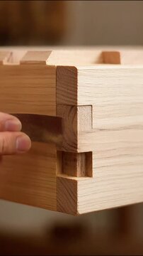Close-up of woodworker hands crafting wooden box dovetail joint in workshop woodworking carpenter wood joint craftsman handmade