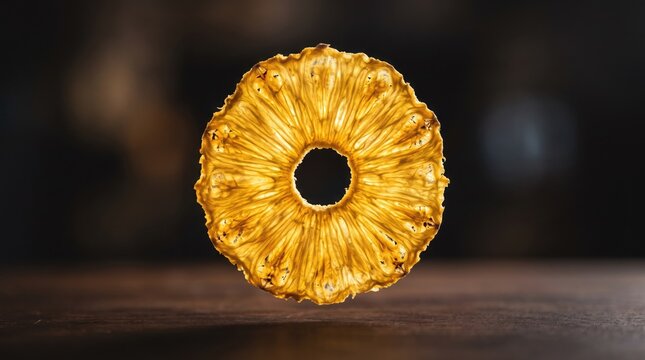 A single dried pineapple ring glows with golden light against a dark, moody, and textured.