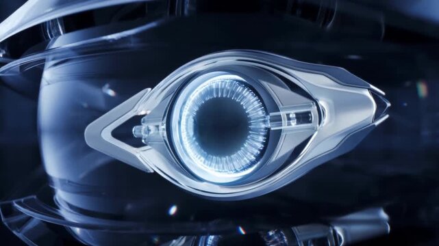 Futuristic Robotic Eye Emits Bright Ring Light in Dark Metallic Technological Setting