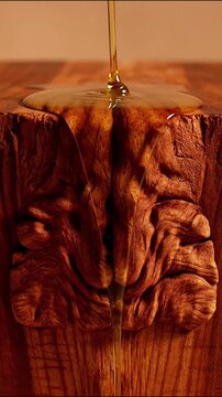 Pouring clear resin into carved wooden sculpture detail on rustic workbench wood carving epoxy craftsman woodwork liquid