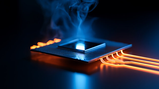 Overheated computer processor cpu fail with smoke and glowing orange circuit tracks in dark abstract technology concept background image