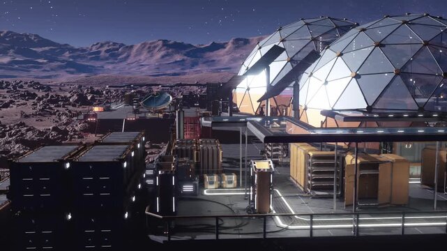 martian supply deck with stacked crates, storage pods arranged beside dome module, palletized cargo and tether points, loading zones with illuminated markers