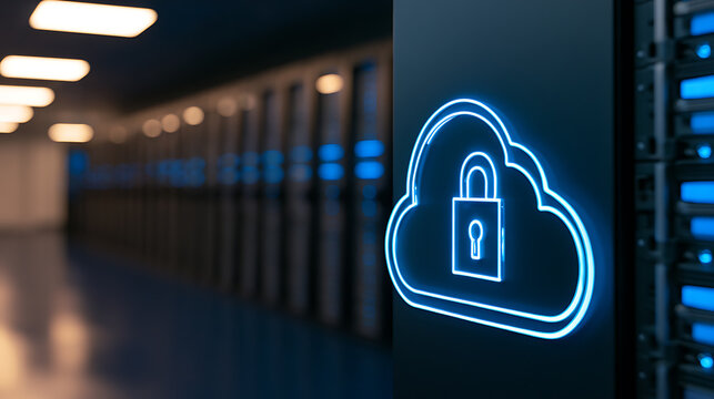 Neon blue cloud security icon glowing inside modern data center server room, abstract digital safety concept for cloud computing secure