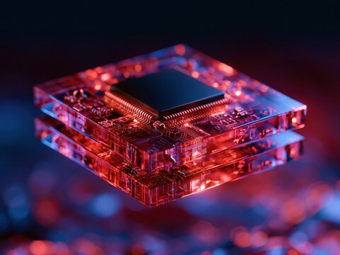 Futuristic transparent circuit board with glowing red and blue lights