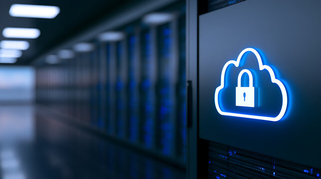 Data center server rack with a glowing blue neon cloud and padlock icon representing secure cloud computing and digital privacy protection