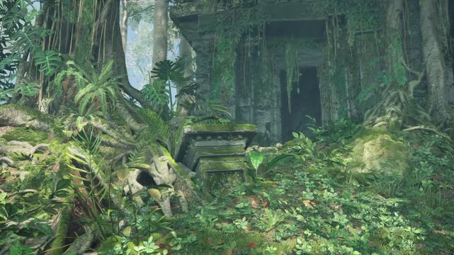 moss clad shrine pedestal beneath massive tree roots, close up of carved stone half buried by undergrowth, soft filtered light creates contemplative