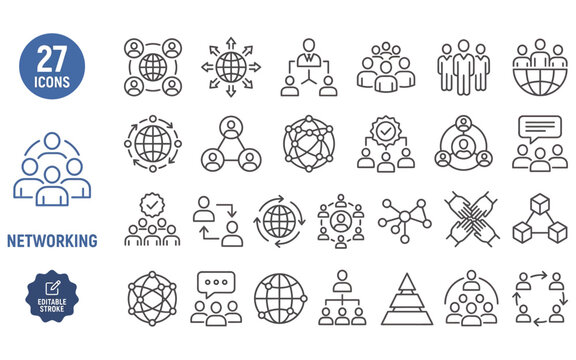 Networking icon set featuring thin line vector elements for digital communication and team connection.