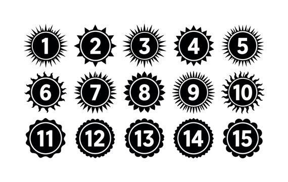 Collection of numbered badges and sun icons from one to fifteen