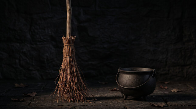 Witch's broom leaning against wall with a black cauldron in dark setting  