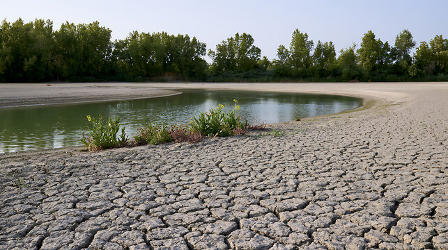 Severe drought and climate change impact on water resources, dry cracked mud ground earth surface near river bank with sparse green plants