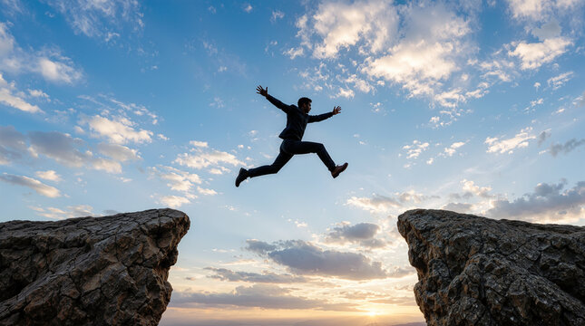 Businessman jumping across mountain cliff gap at sunset, metaphor for business courage, risk taking, ambition, overcoming obstacles, and achieving success