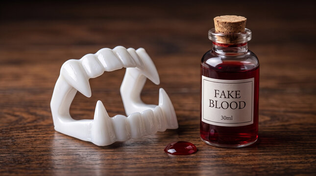 Vampire teeth and fake blood on a wooden table  