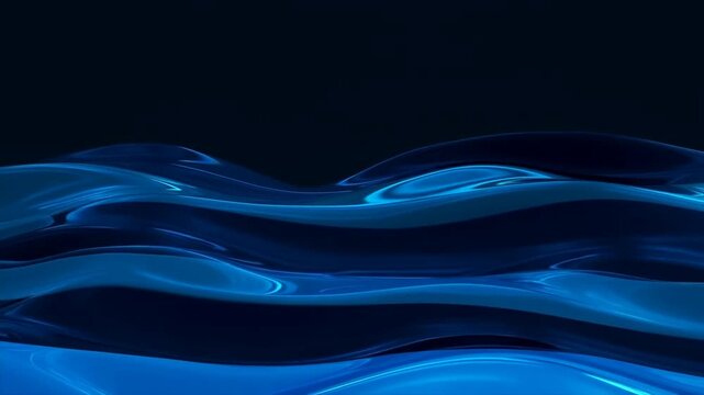 Abstract blue wave forms create layered fluid patterns against a dark background