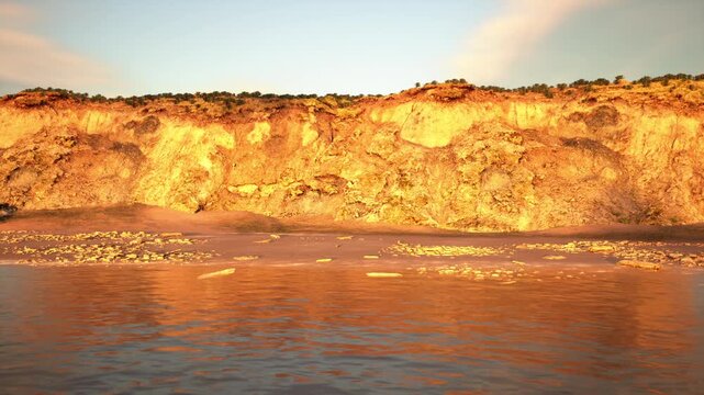 sunset cliff and tranquil bay offering warm glow and reflective water, perfect lifestyle backdrop for luxury resort, wellness retreat, hotel marketing