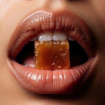 Close up of female lips with shiny lip gloss. Woman bites sweet caramel candy in mouth. Tasty confectionery snack held by teeth. Glamour beauty model shows mouth with brown lipstick, delicious