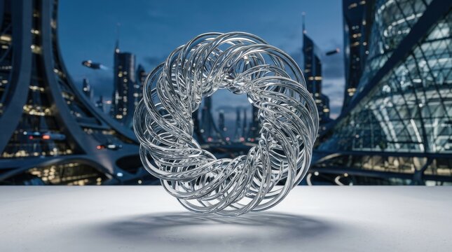 Futuristic city skyline with a complex coiled glass ring sculpture