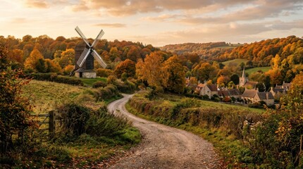 Obraz premium Idyllic countryside road leads to a charming village with a historic windmill
