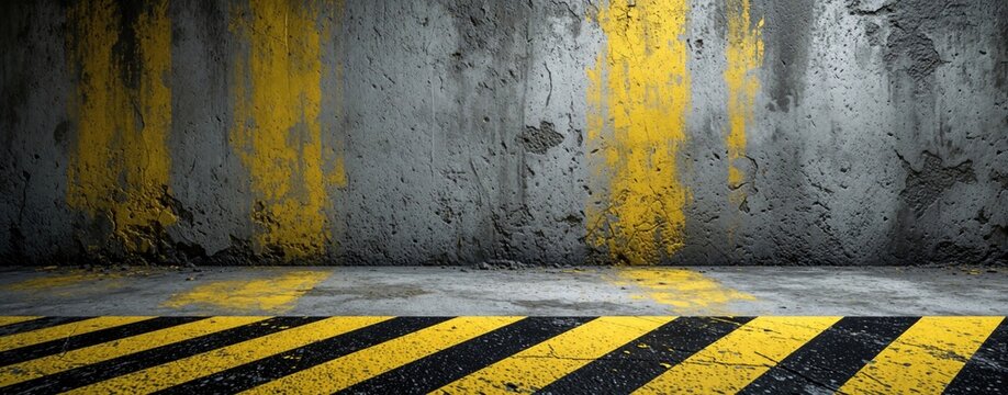 Concrete wall and floor show rough texture with worn yellow and black hazard stripes. Area provides ample copy space for text or graphics, suggesting industrial or construction themes.