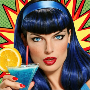 Pop art woman holds blue cocktail with lemon slice in colorful background at bar