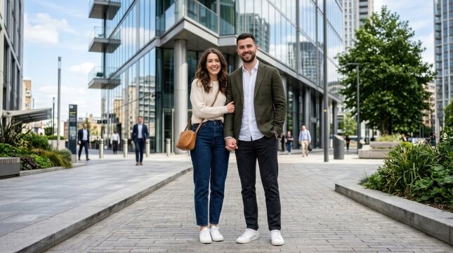 Happy couple holding hands in a modern city street with glass buildings