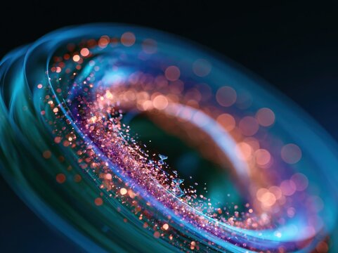 Abstract swirling vortex of blue and purple light with sparkling particles