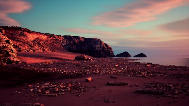 wide rocky shoreline at dusk with dramatic magenta clouds and deep shadows, textured pebble foreground, distant rock formations, cinematic color contrast