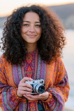 Samoan woman with vintage camera on the beach