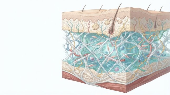 Visual shows the myofascial anatomy detailing fascia, collagen, and interstitial fluid networks found in the human body.