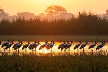 Naklejka premium Painted storks gather in shallow water at sunrise. Flock wades through wetland reeds against warm golden sky. Birds display long beaks and white feathers.
