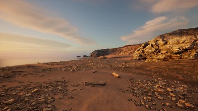 cinematic golden dusk across rocky shoreline with dramatic cloud bands, textured sand foreground and distant cliffs, versatile backdrop for film, marketing,