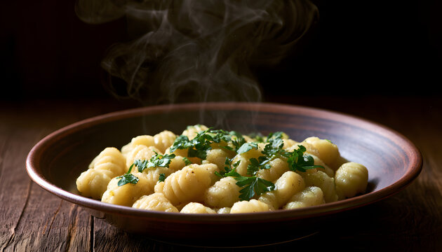 steaming hot gnocchi flavored with butter and parsley, presented in a rustic bowl, offers an inviting visual that is perfect for inclusion in food blog posts or restaurant menu designs featuring a cle