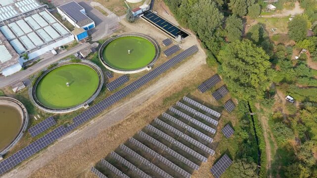 Aerial View of Modern Wastewater Treatment Plant in Assago, Milan, Italy. Sustainable Water Infrastructure