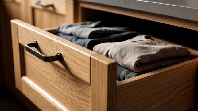 Stacked folded knits plus wool scratchies inside shabby timber dresser. Contrary to credulous craftsman stacking woolen clothes, top-a-cabinet drawers remain uncovered, foundational for captivating