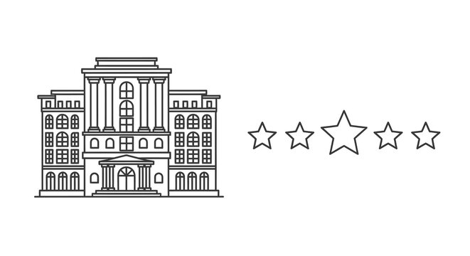 Line art illustration of a classical building with five star ratings
