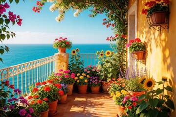 Fototapeta premium Vibrant balcony garden blooms with flowers overlooking a clear blue sea on a sunny day. Potted plants on terrace create beautiful Mediterranean outdoor living space.
