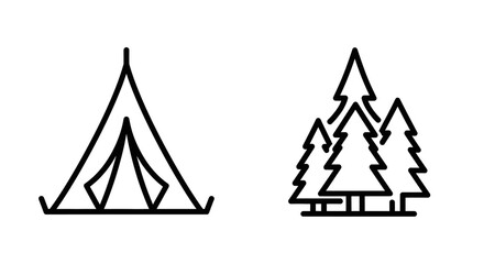 Line art depictions of a tent and pine trees on a white background © MSTSALINA
