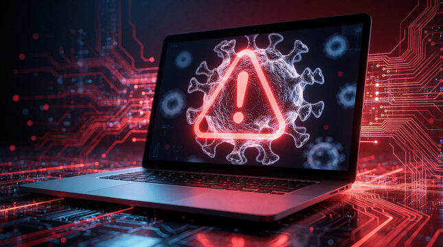 Laptop screen shows red virus warning with alert icon. Digital infection malware attack on computer hardware in cyberspace. Cyber security threat on notebook with glowing circuit board background.