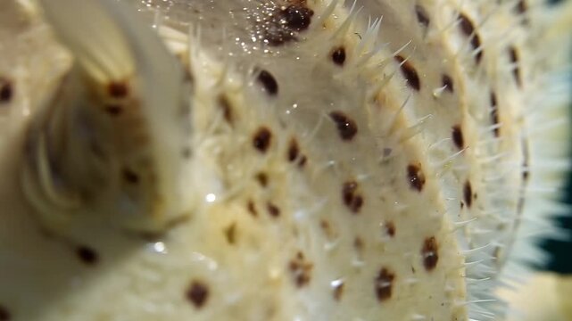 Macro tracking shot of pufferfish inflating and bristling spines in aquarium close up. shows pale yellow spotted skin, sharp quills, water droplets and texture study