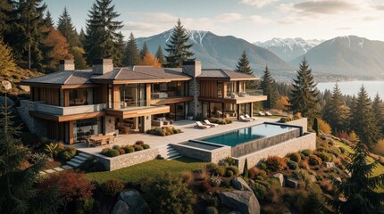 Fototapeta premium Modern luxury mansion perched on a hill overlooks lake and mountains. Infinity pool, spacious patio, and large windows complement stone and wood exterior in serene natural setting.